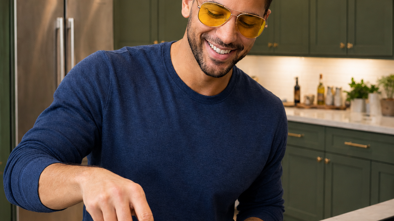 all groups aviator relax swannies blue light eyeglasses worn by a man cooking.