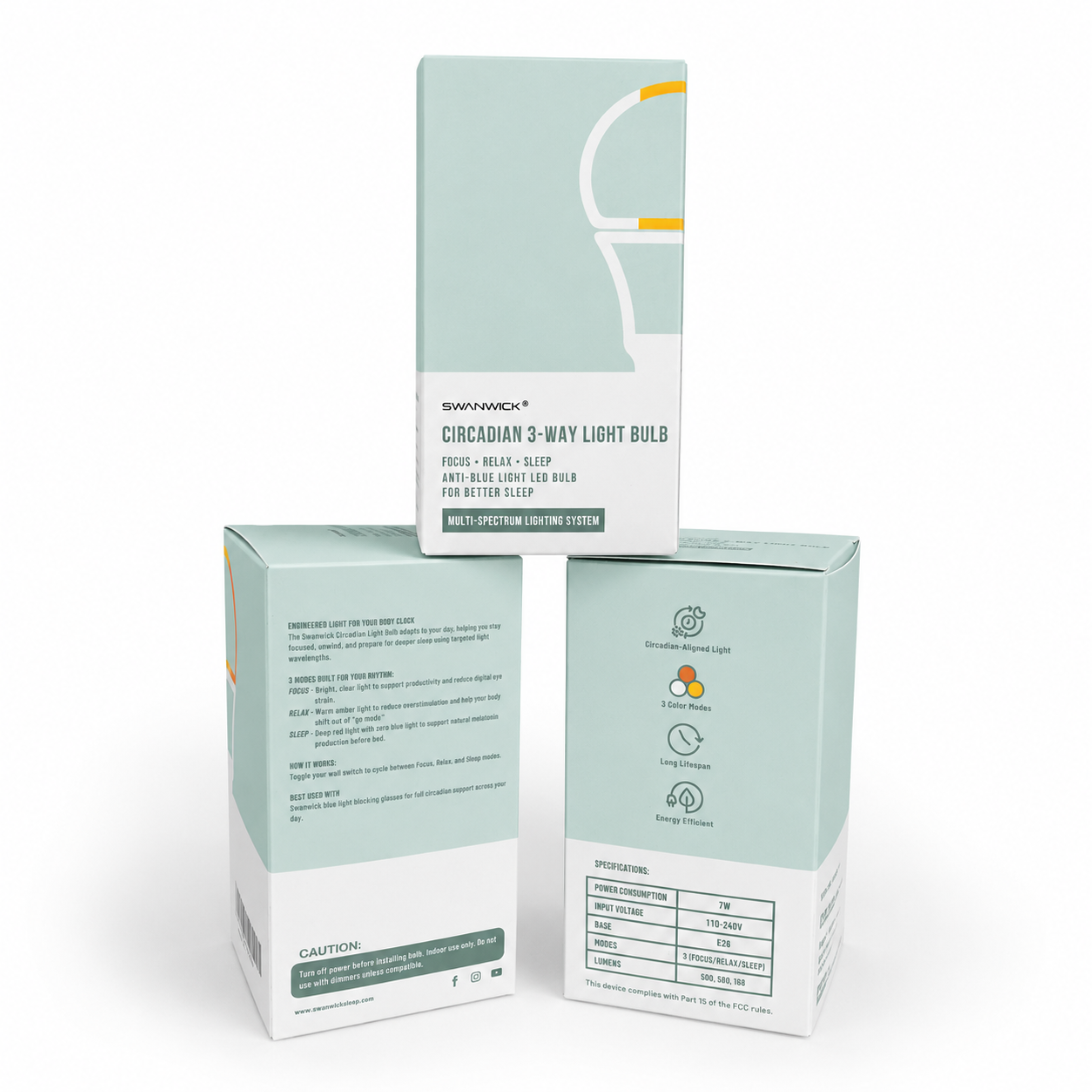 Swanick Circadian 3-way light bulb packaging on a white background