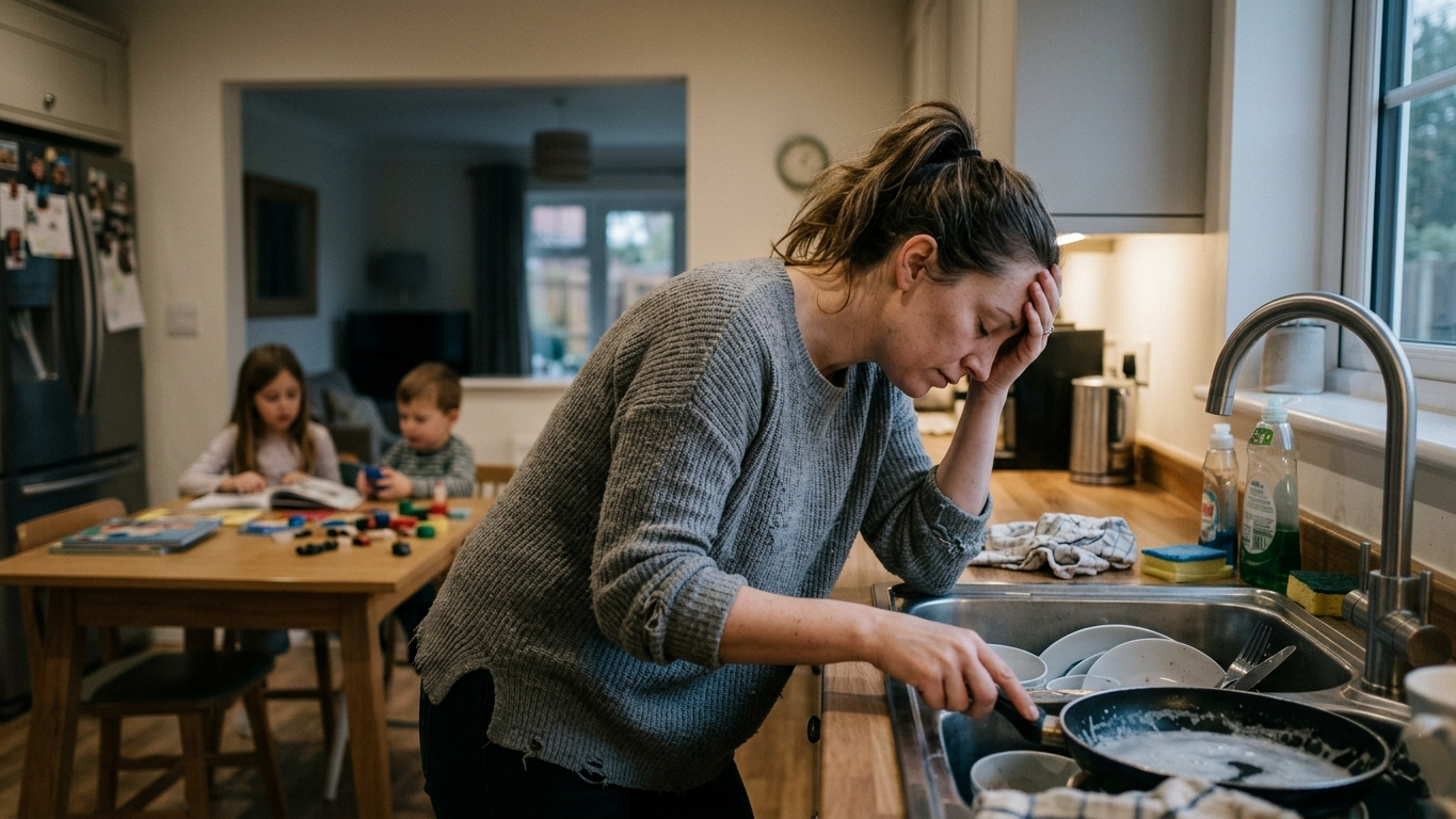 Woman washing dishes in a kitchen with children playing in the background