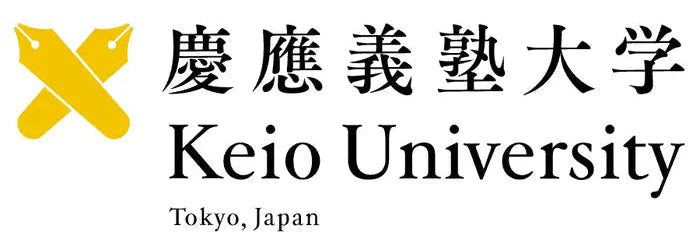 Keio University logo with Japanese characters, a yellow crossed-pens emblem, and 'Keio University' in English, with 'Tokyo, Japan' below, on a white background.