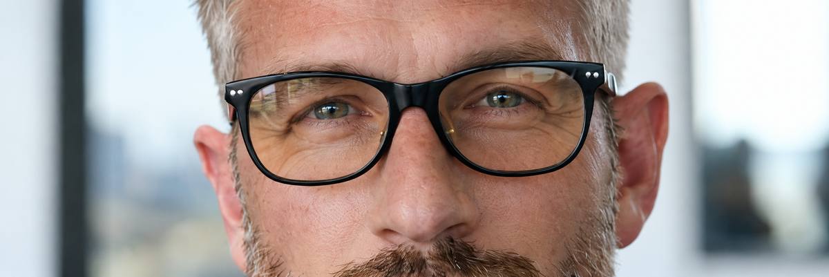 light eyes behind glasses