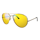 Aviator sunglasses with yellow lenses on a white background. Gold Aviator, double bridge blue light blocking glasses with yellow lenses for evening relaxation by Swanwick Sleep.