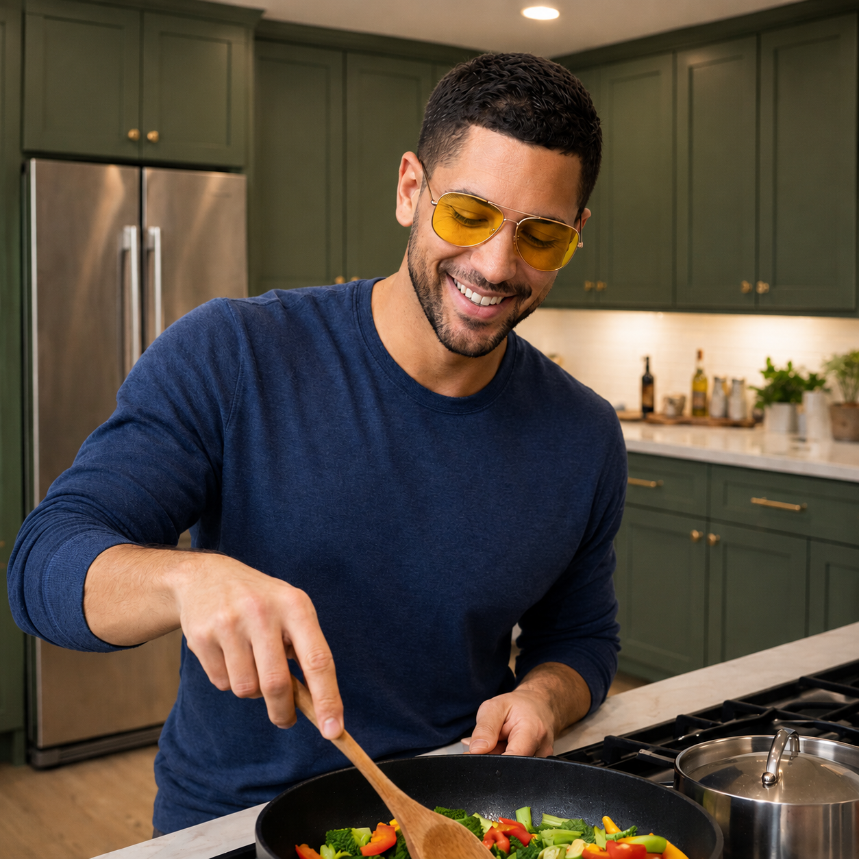 all groups aviator relax swannies blue light eyeglasses worn by a man cooking. 