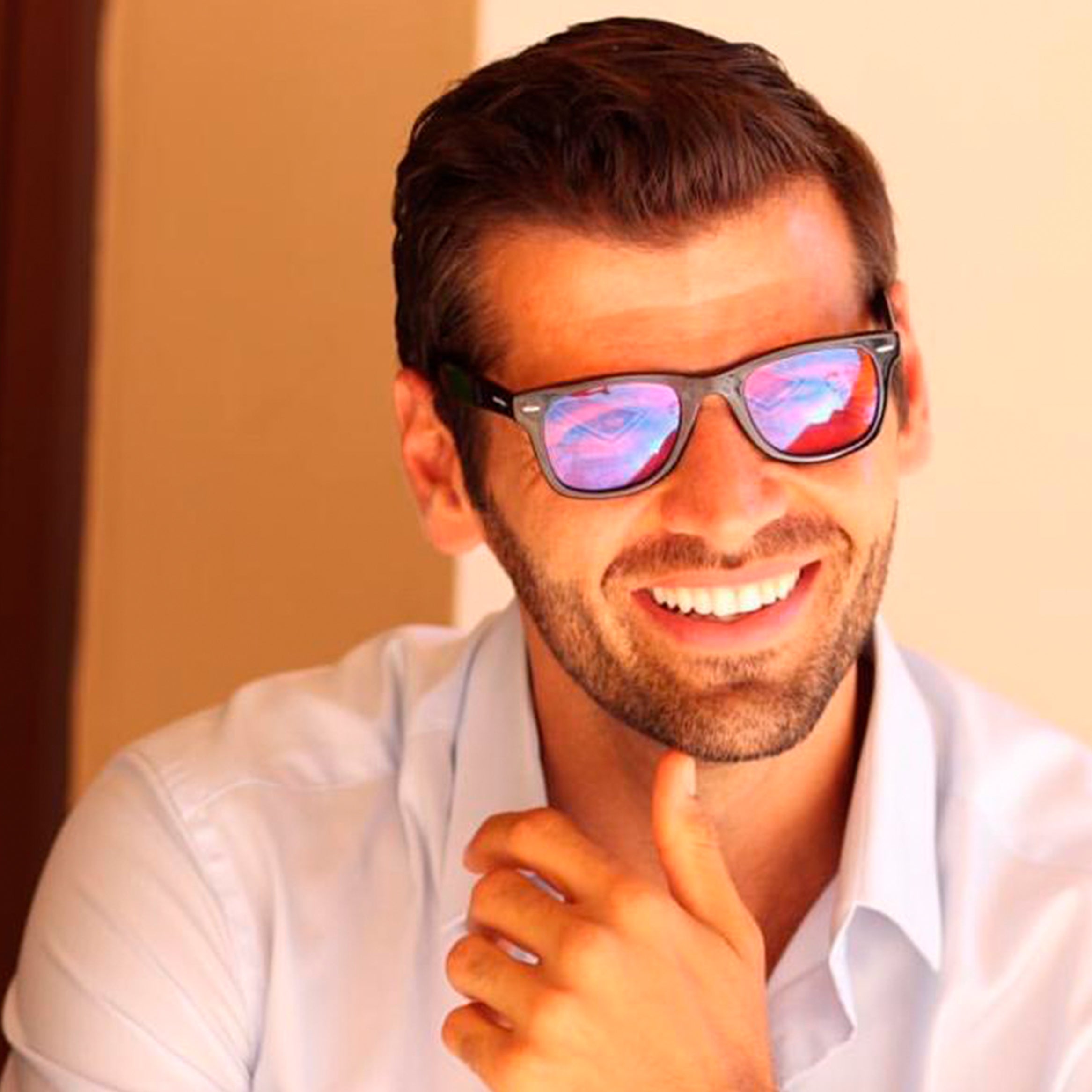 Blue-Banned Sleep Swannies on attractive smiling man