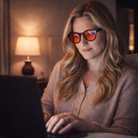 Woman wearing Sleep Monroe Swannies working on a laptop in a dimly lit room.