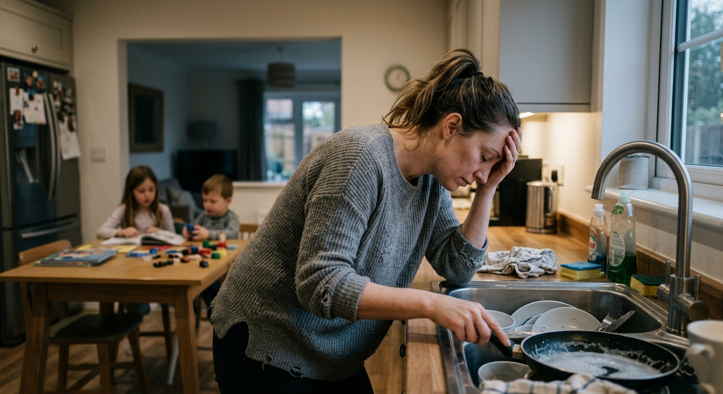 Woman washing dishes in a kitchen with children playing in the background