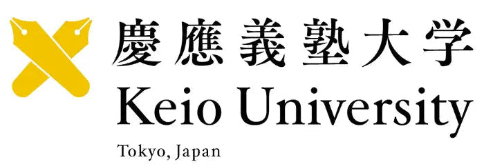 Keio University logo with Japanese characters, a yellow crossed-pens emblem, and 'Keio University' in English, with 'Tokyo, Japan' below, on a white background.
