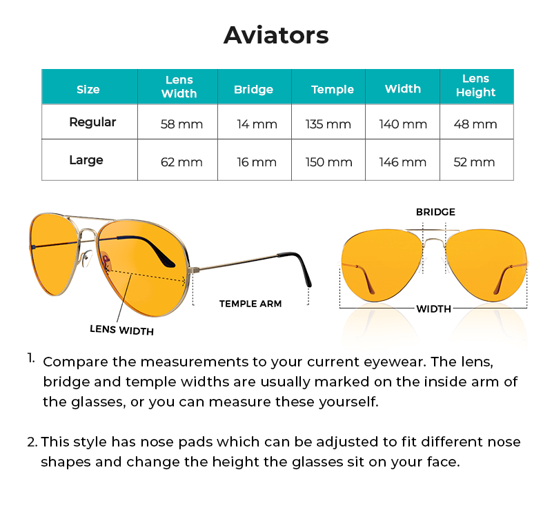 Aviator sunglasses size guide cheap