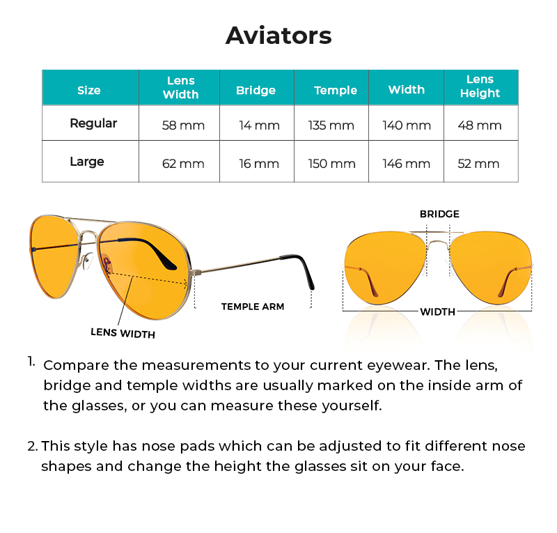 Swannies Night Aviators Size Guide