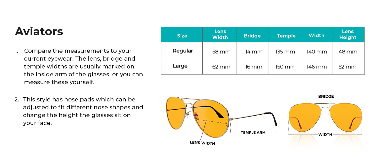 Swannies Night Aviators Size Guide