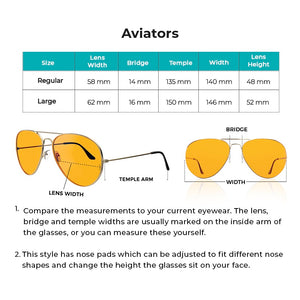 Aviator Swannies Prescription Blue Light Blocking Glasses Size Guide